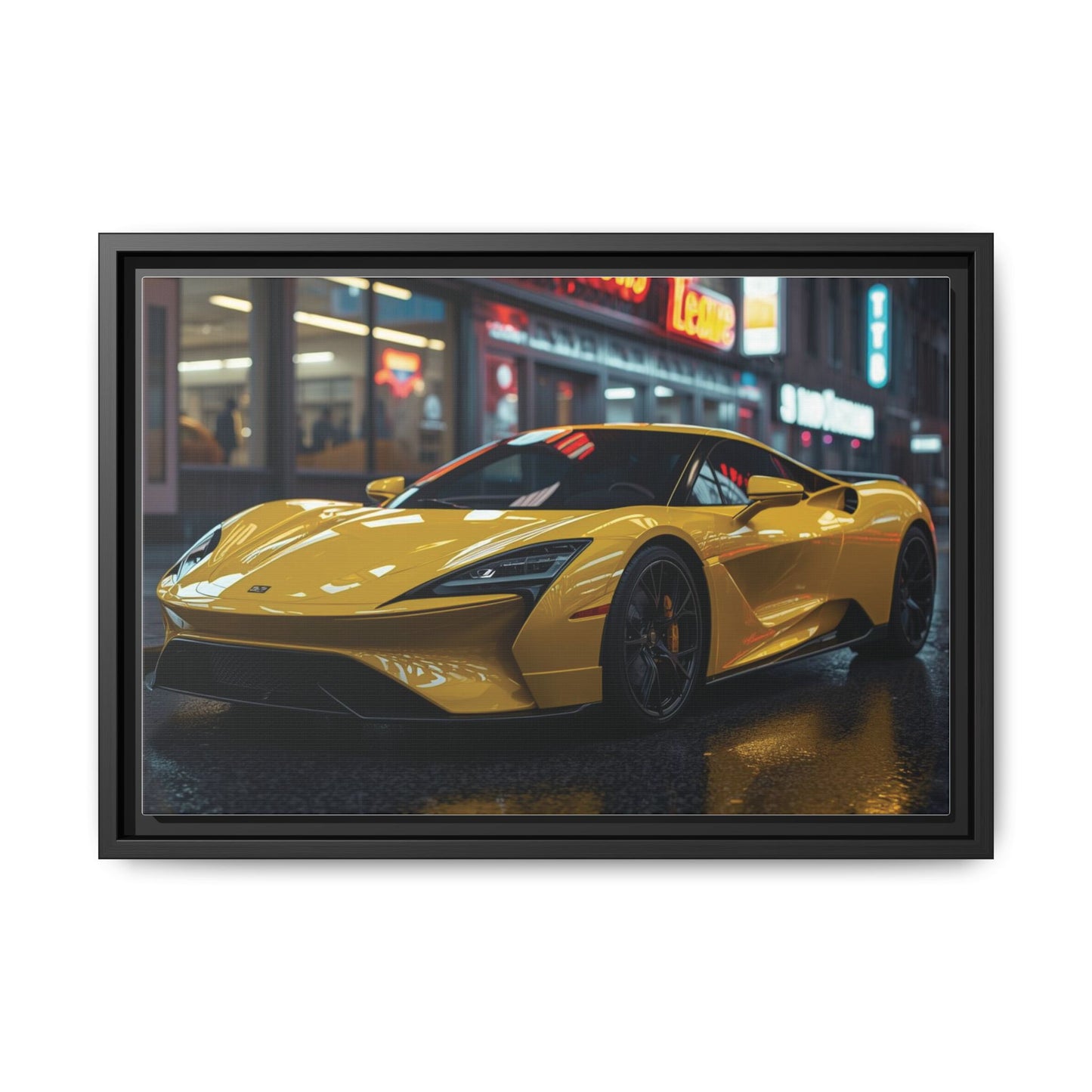 Framed Yellow sports car on a city street at night with neon lights