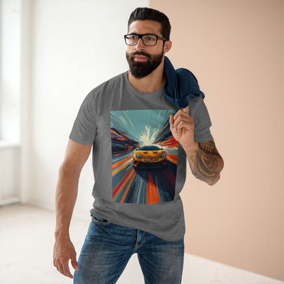 Man wearing a gray t-shirt with a colorful graphic design of a car.