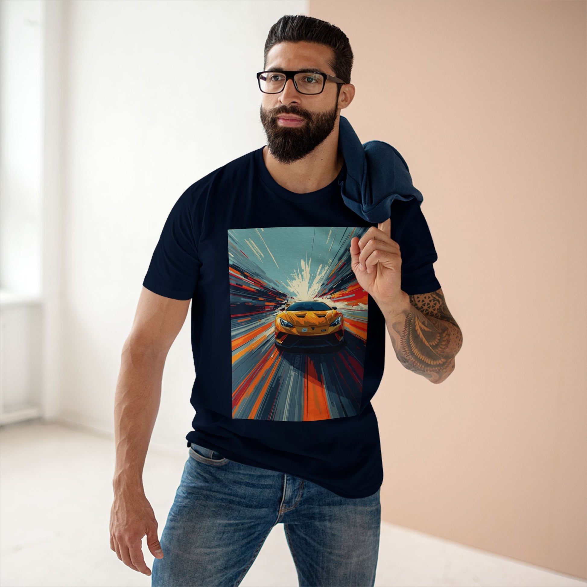 Man wearing a black t-shirt with a colorful graphic design of a car.