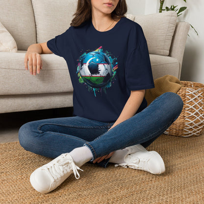 Uzbekistan Football Flag Splatter T-Shirt Abstract Crescent Moon Design Tee