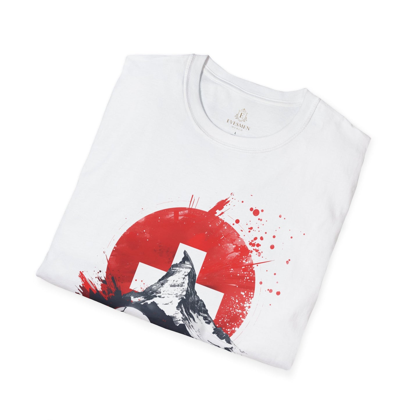 Swiss Flag Soccer T-Shirt with Grunge Paint Splatter and Alps Peak Design Tee