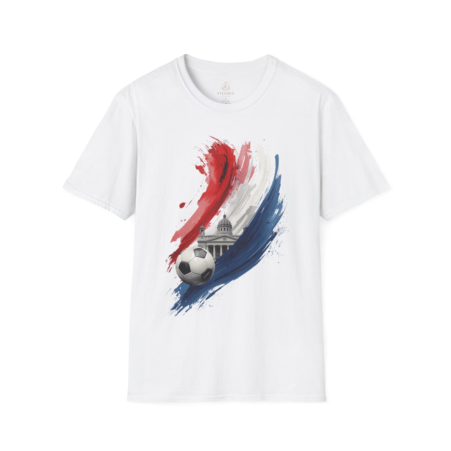 White t-shirt with a soccer ball design featuring red, white, and blue colors on a white background.