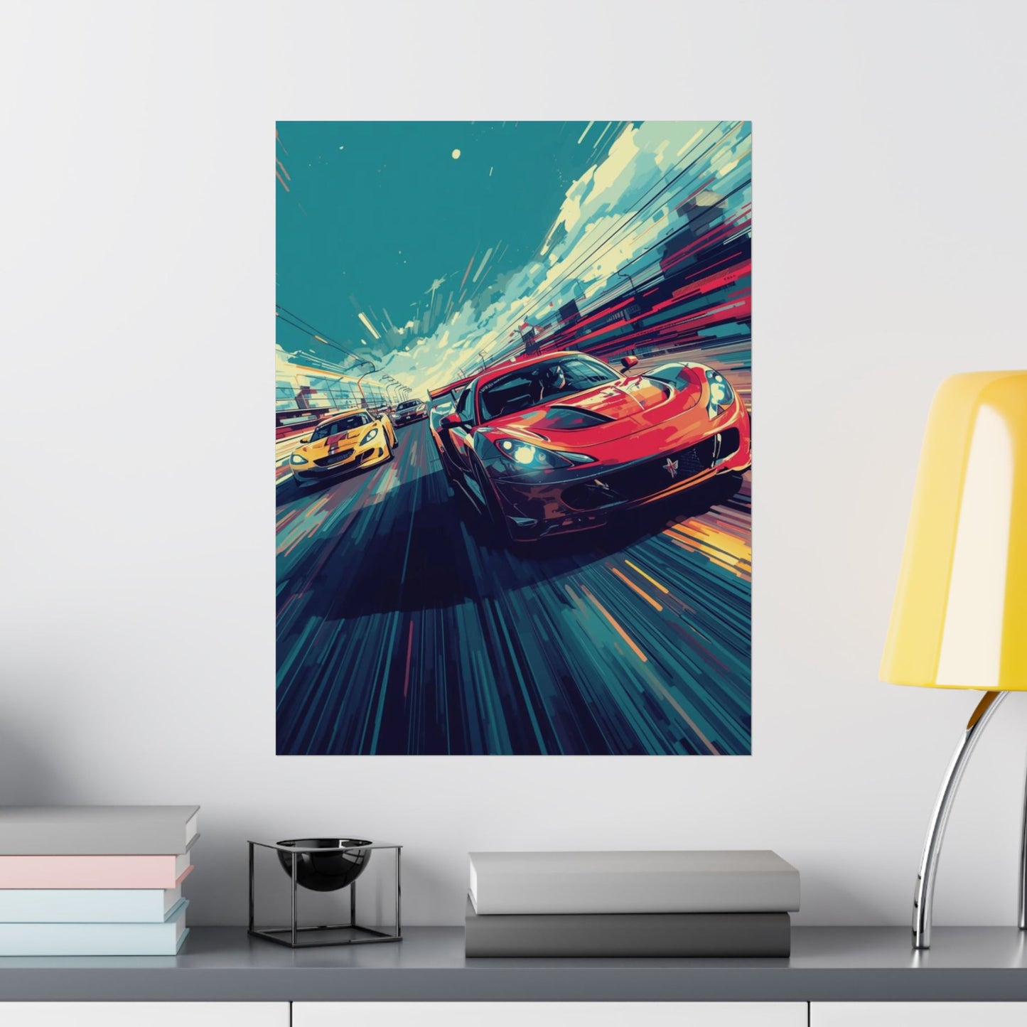 Sports car poster on a wall above a shelf with books and a lamp.