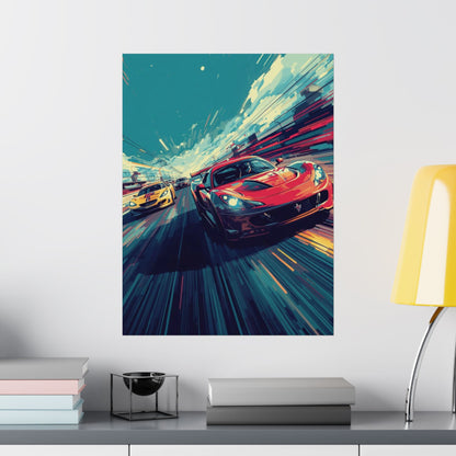 Sports car poster on a wall above a shelf with books and a lamp.