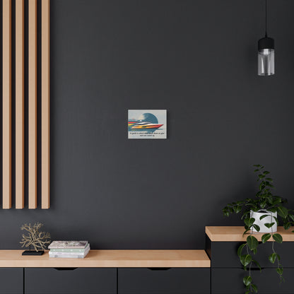 Canvas wall art of a Yacht on a dark wall with wooden shelves and decor.