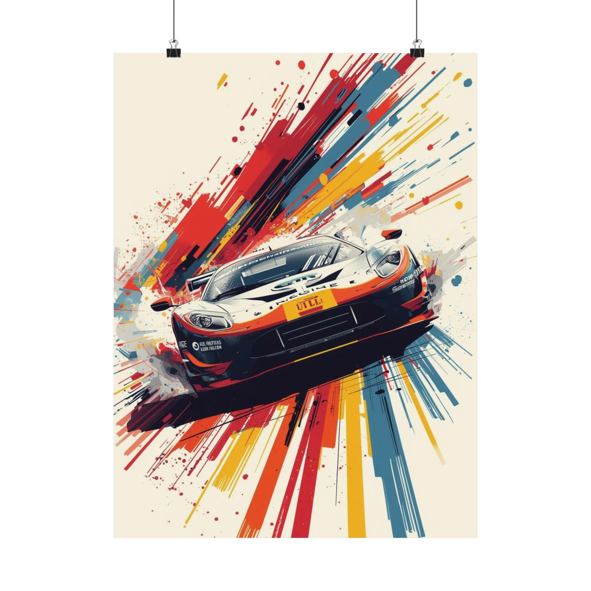 Colorful abstract poster with a racing car design on a beige background