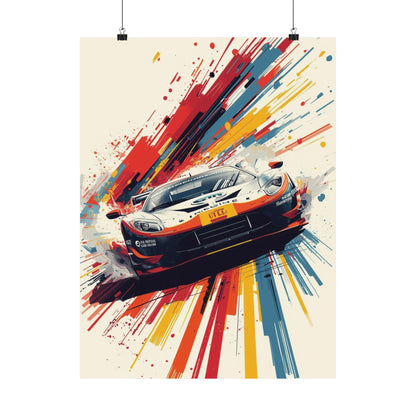 Colorful abstract poster with a racing car design on a beige background