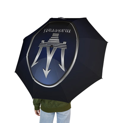 Black Maserati umbrella held by a person on a white background