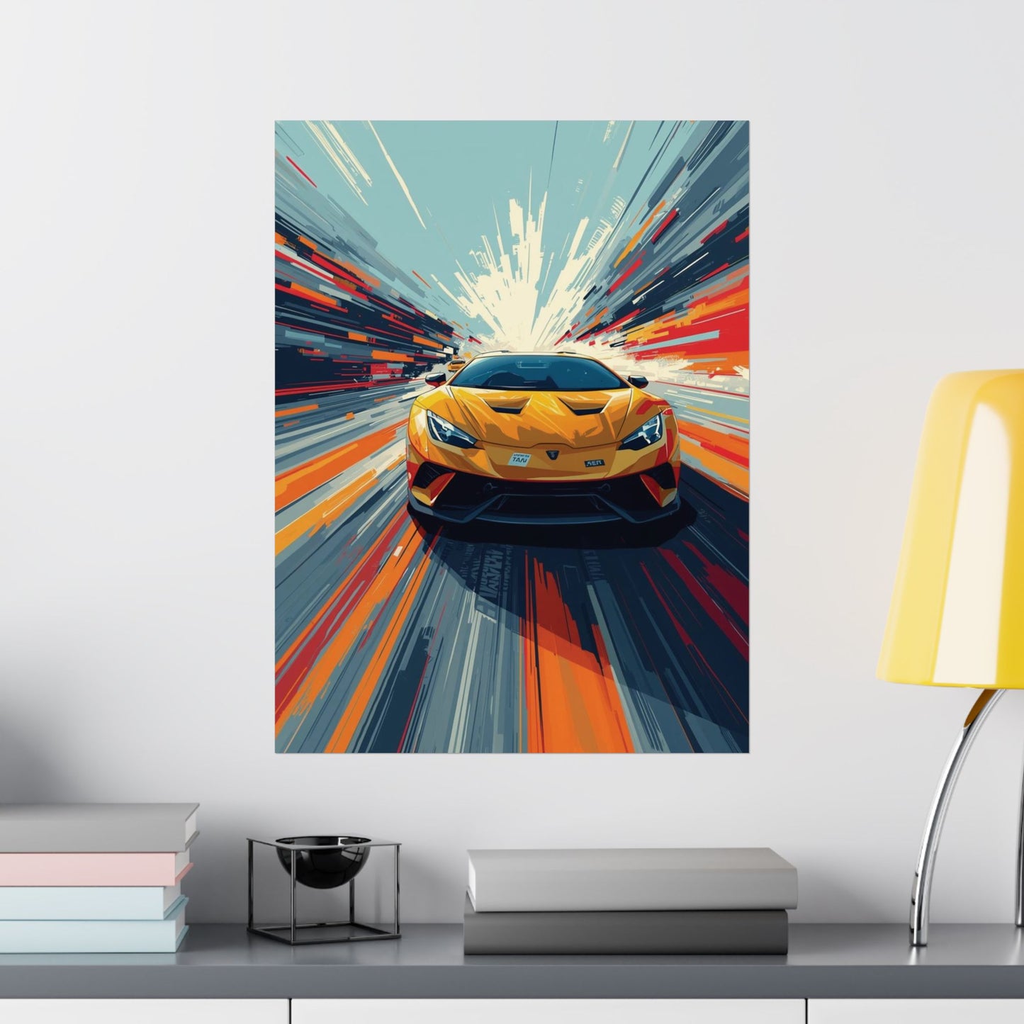 Colorful abstract painting of a yellow sports car on a wall above a shelf.