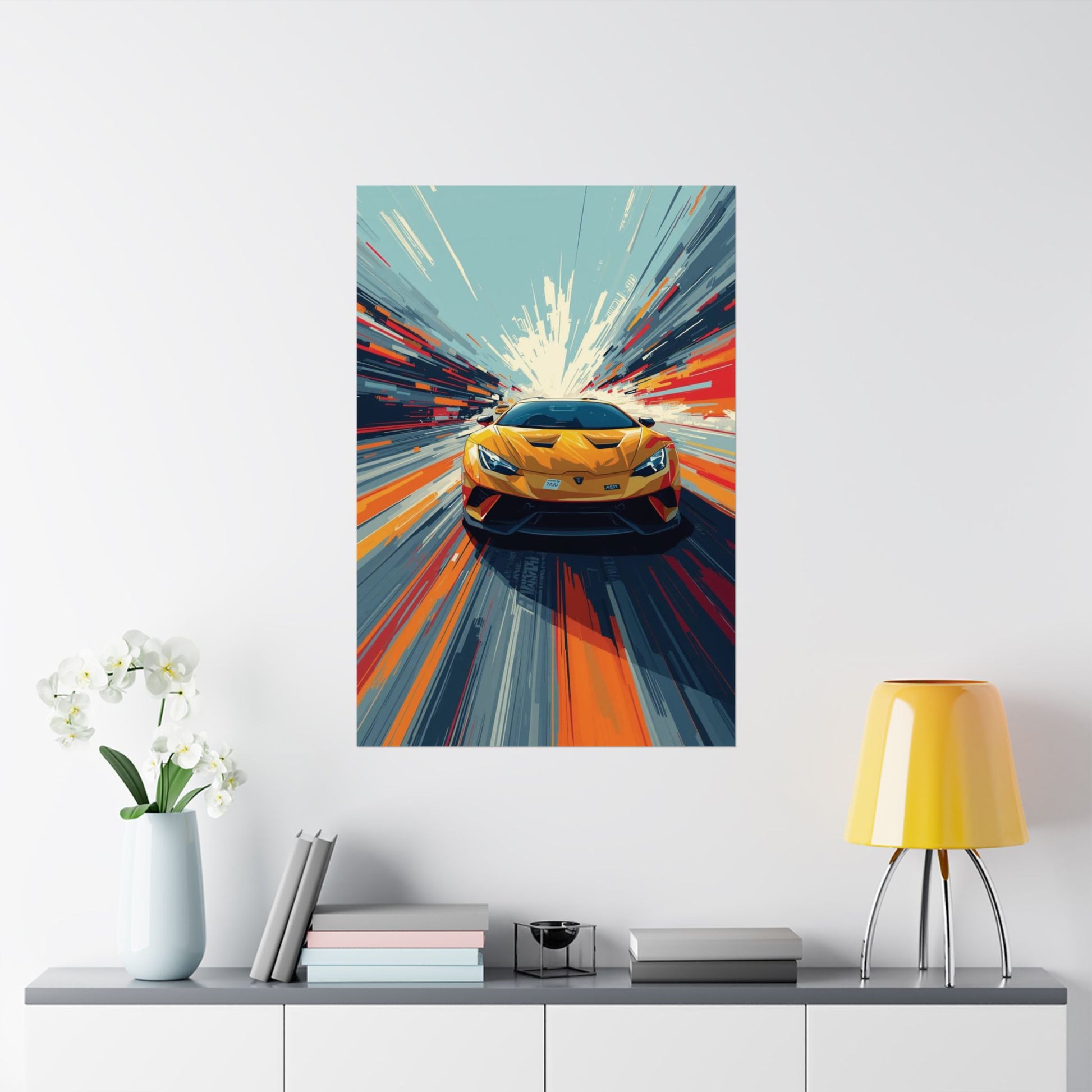 Framed artwork of a yellow sports car on a white wall above a shelf with decor items.