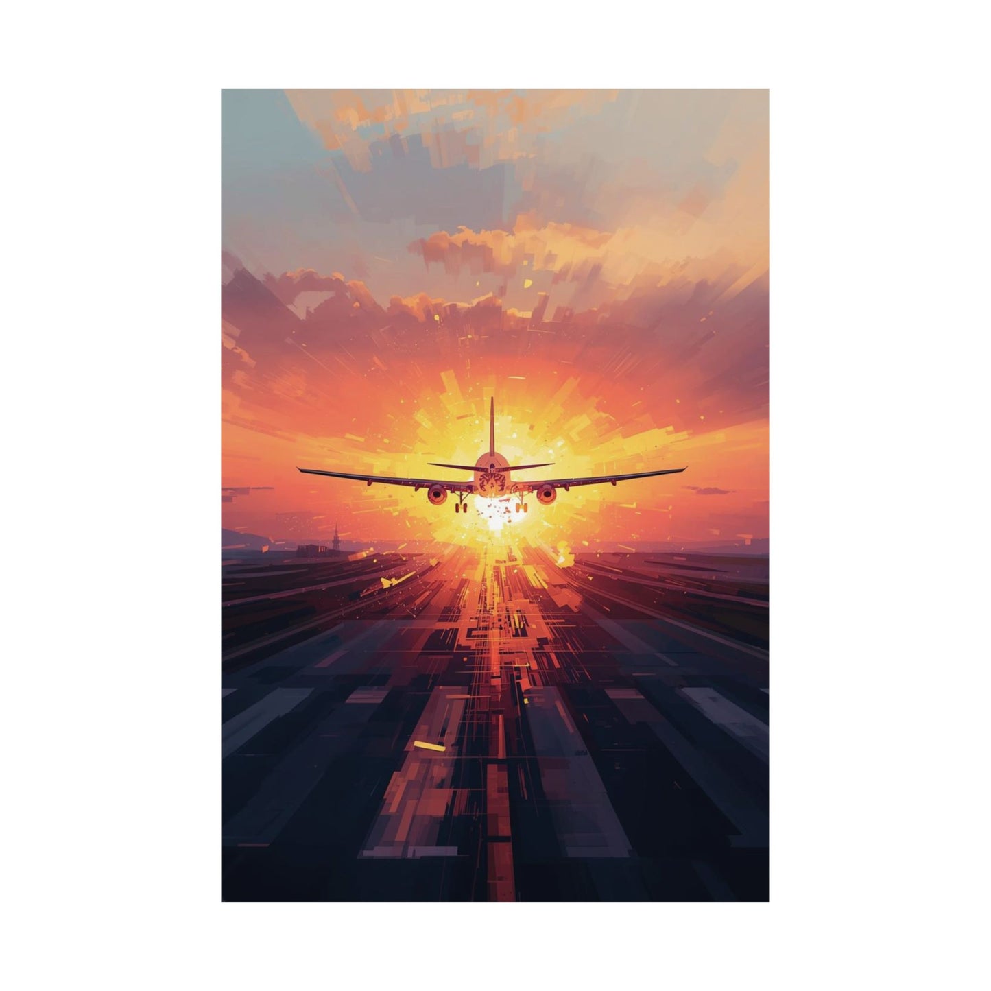 Airplane taking off against a vibrant sunset sky with a runway in the foreground.