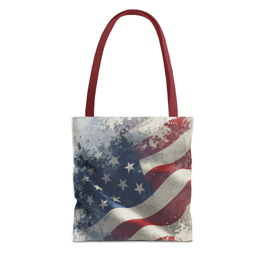 Tote bag with American flag design on a white background