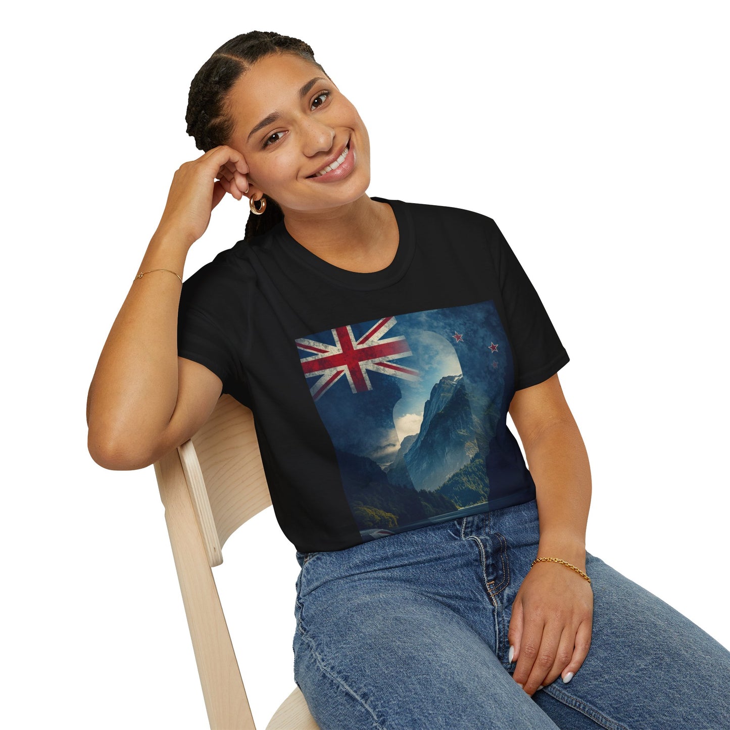 New Zealand Flag Mountain T-Shirt Cinematic Landscape Soccer Graphic Tee