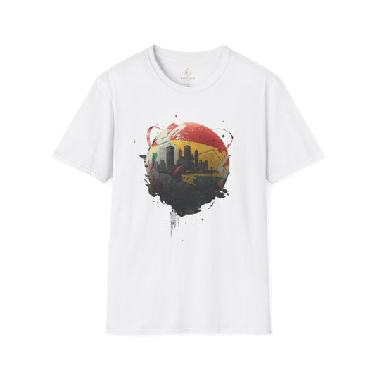 Ghana Soccer Ball with Accra Skyline and Flag Drips T-shirt Fan Tee