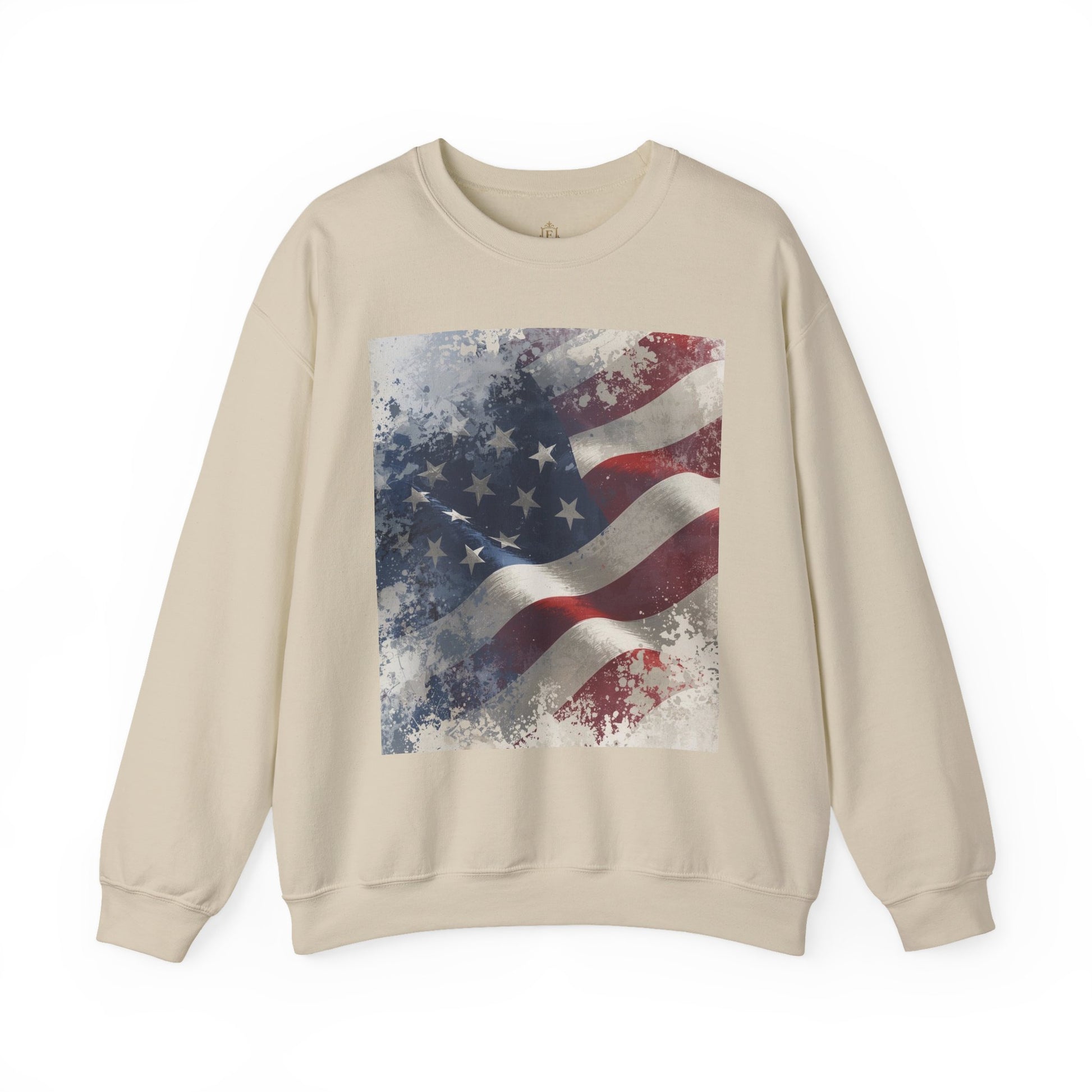 Beige sweatshirt with vintage American flag graphic on a white background