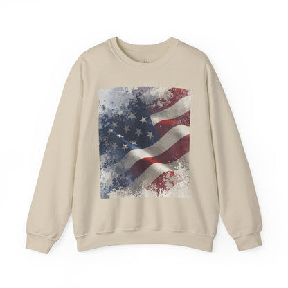 Beige sweatshirt with vintage American flag graphic on a white background