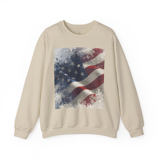 Beige sweatshirt with vintage American flag graphic on a white background