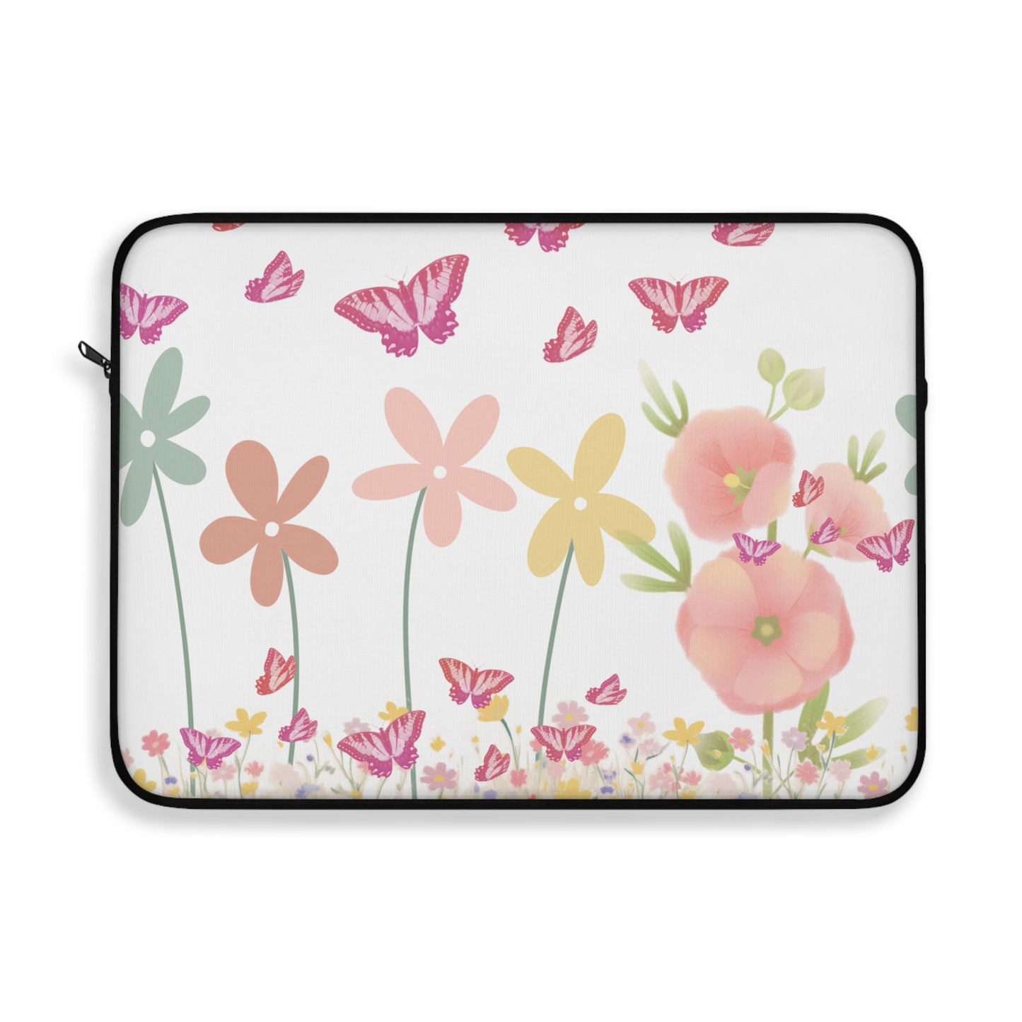 Laptop sleeve with floral and butterfly design on a white background