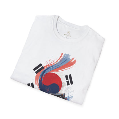 South Korea Flag Soccer T-Shirt — Taeguk & Hanok Brushstroke Design Tee