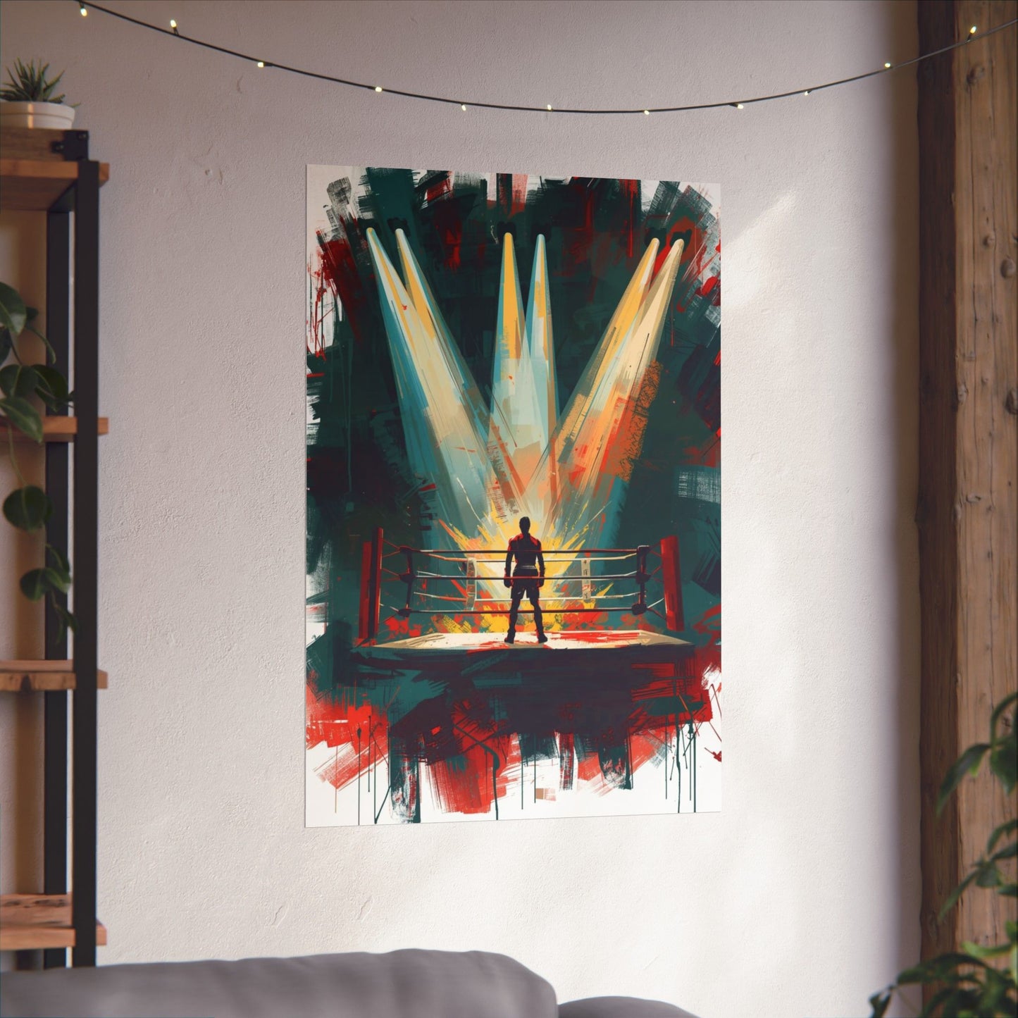 Abstract painting of a figure in a boxing ring with colorful lights on a wall.