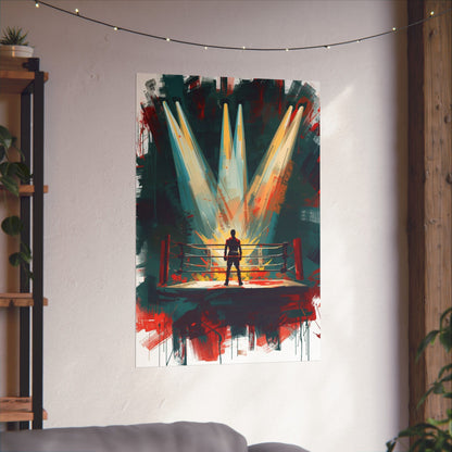 Abstract painting of a figure in a boxing ring with colorful lights on a wall.