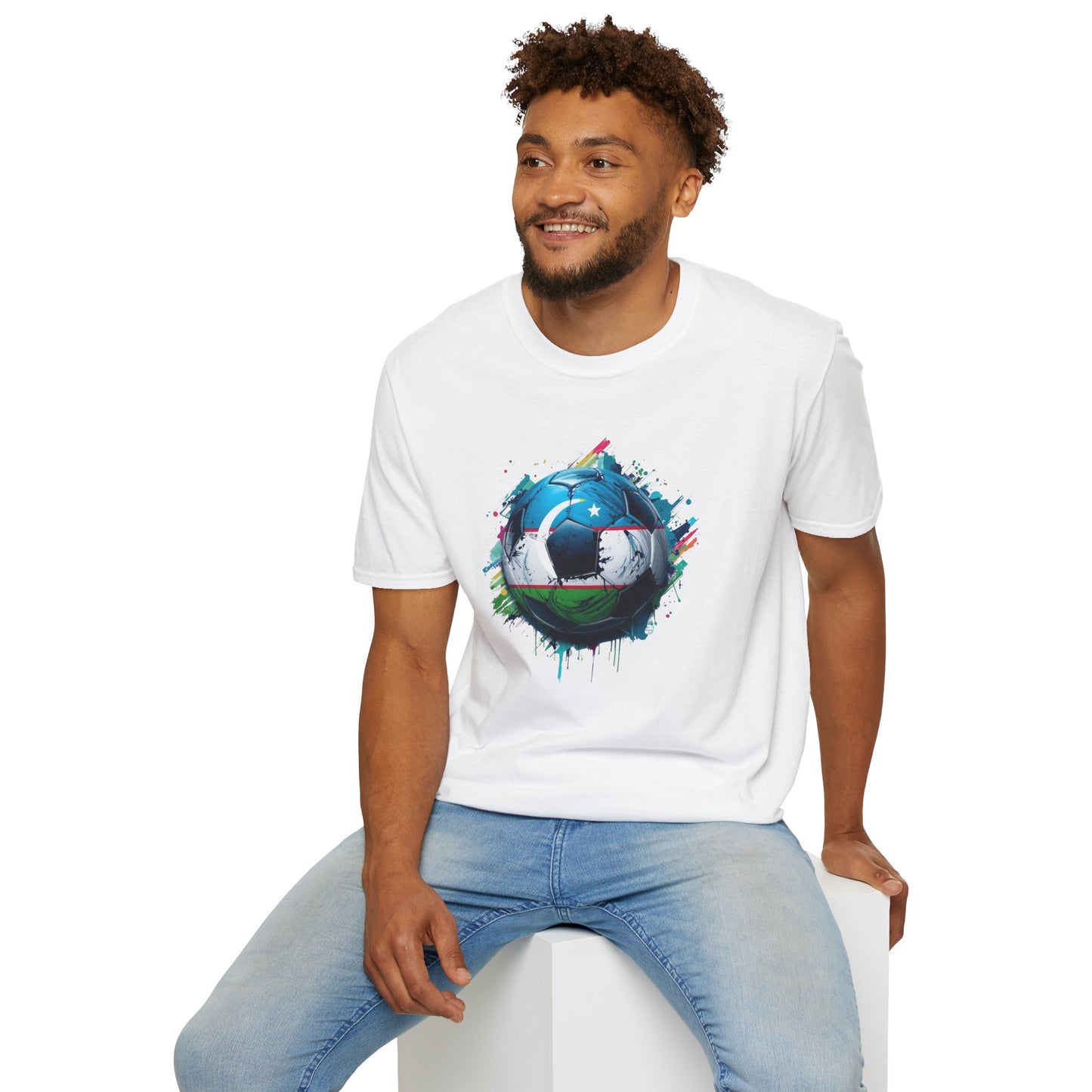 Uzbekistan Football Flag Splatter T-Shirt Abstract Crescent Moon Design Tee