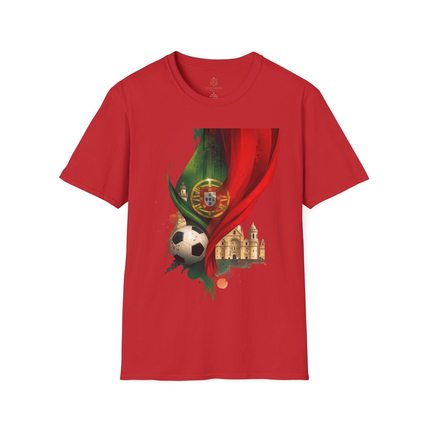 Red t-shirt with a soccer ball, flag, and building design on a white background