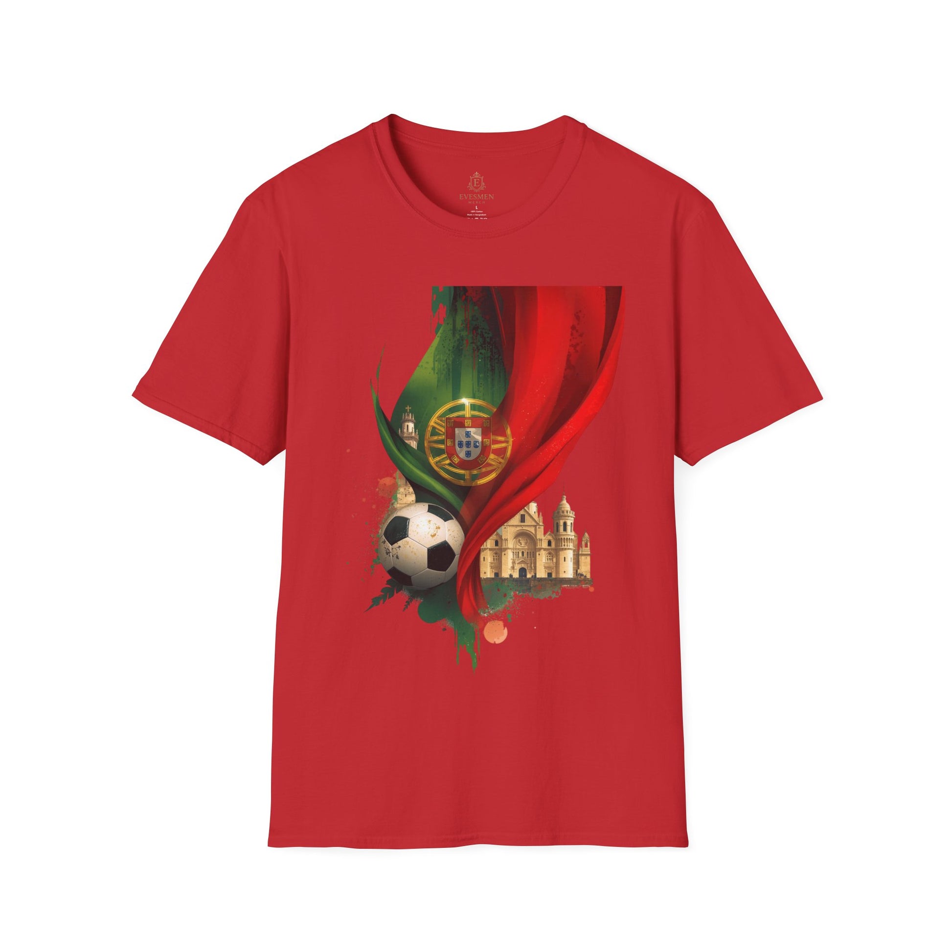 Red t-shirt with a soccer ball, flag, and building design on a white background
