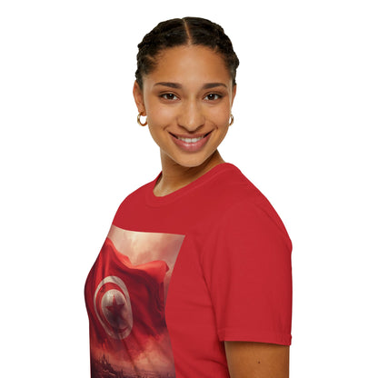 Tunisian Pride Football T-Shirt Cityscape & Waving Flag with Crescent Soccer Ball Tee