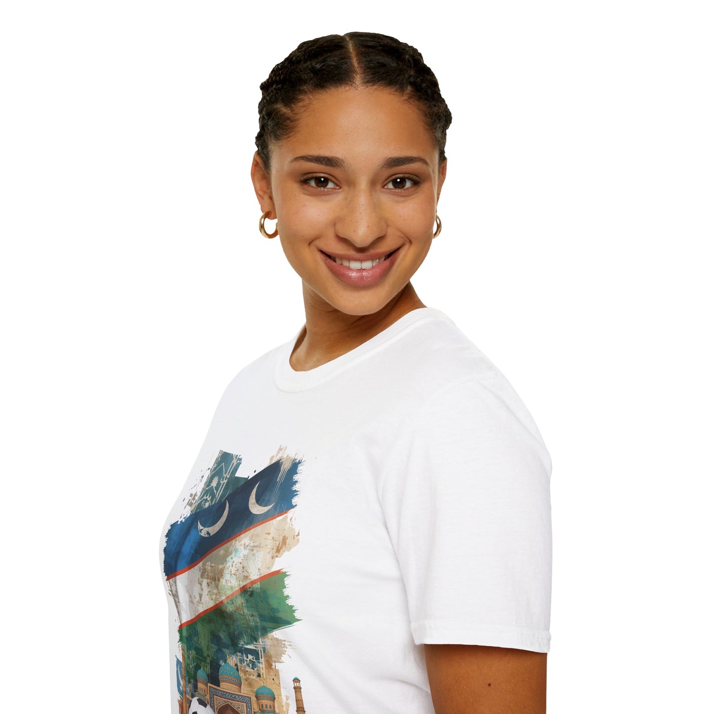 Uzbekistan Flag Soccer T-Shirt — Crescent Emblem & Landmark Design Tee