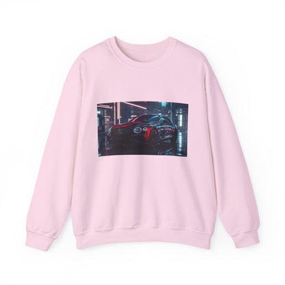 Pink sweatshirt with a graphic of a car on a white background