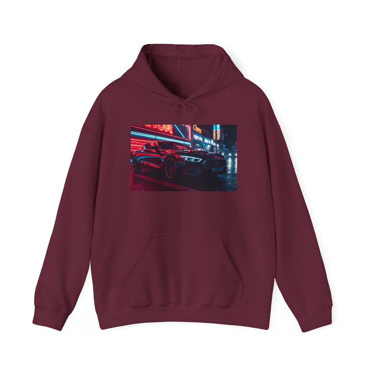Maroon hoodie with a graphic of a car on a city street at night.