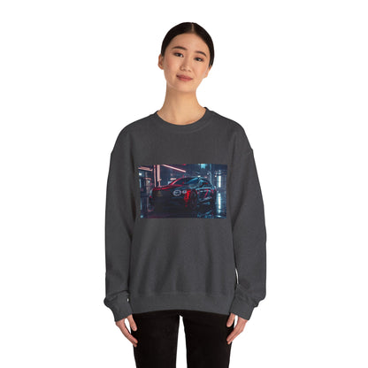 Person wearing a dark gray sweatshirt with a graphic of a car on a white background