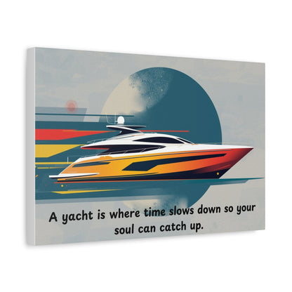 Canvas wall art of a yacht with a motivational quote on a gray background