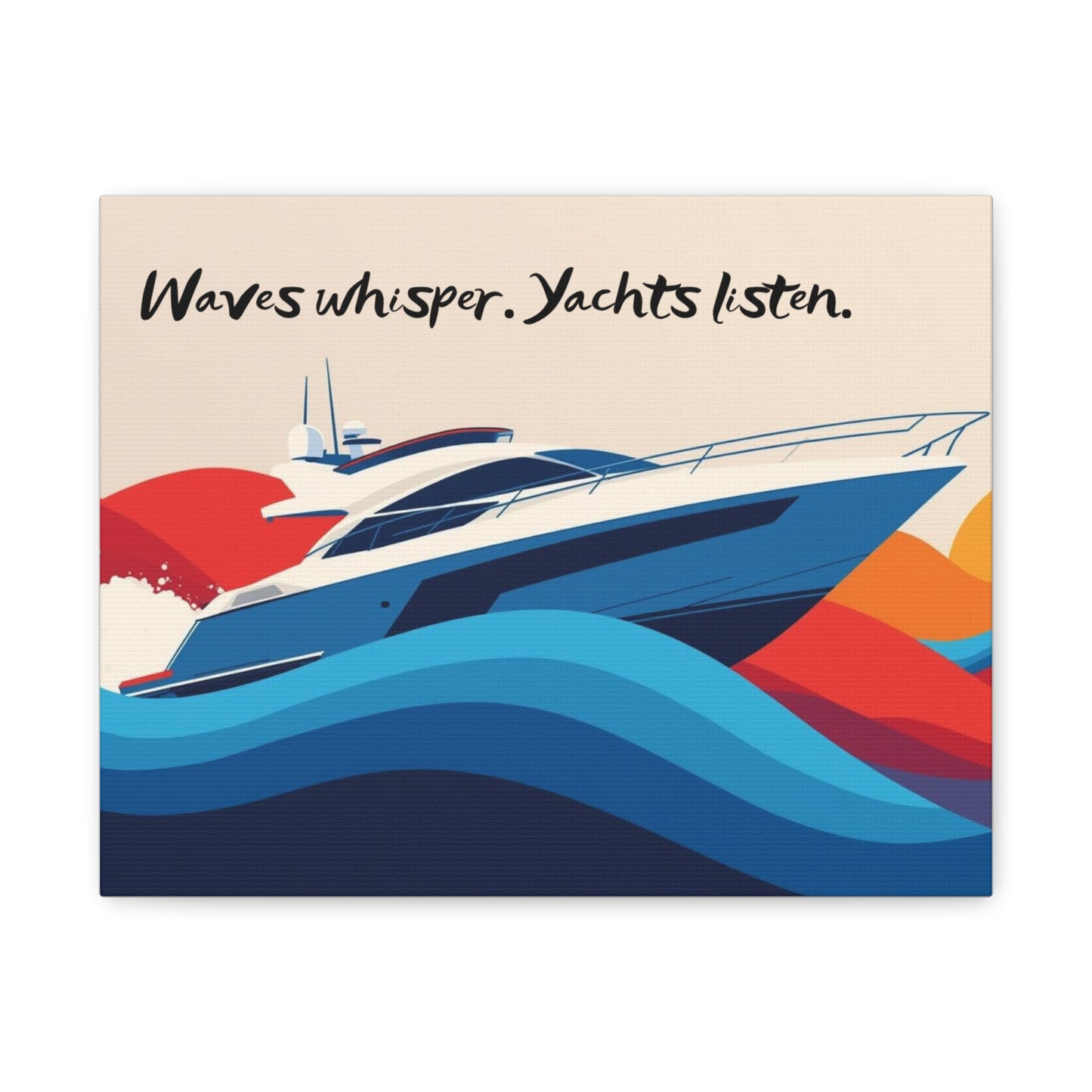 Colorful canvas wall art of a yacht with wavy design and text on a beige background