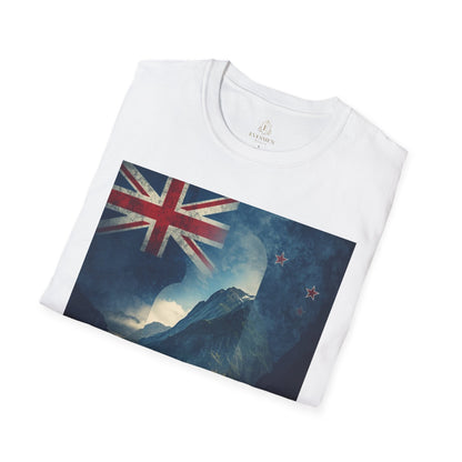 New Zealand Flag Mountain T-Shirt Cinematic Landscape Soccer Graphic Tee