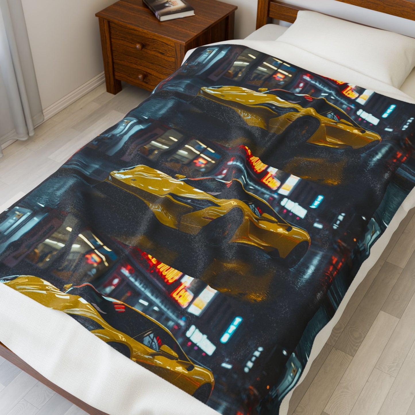 Luxury Sports Car Velveteen Plush Blanket - Yellow Supercar Night City Design