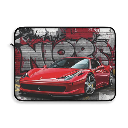 Laptop sleeve with red sports car design on a graffiti-themed background