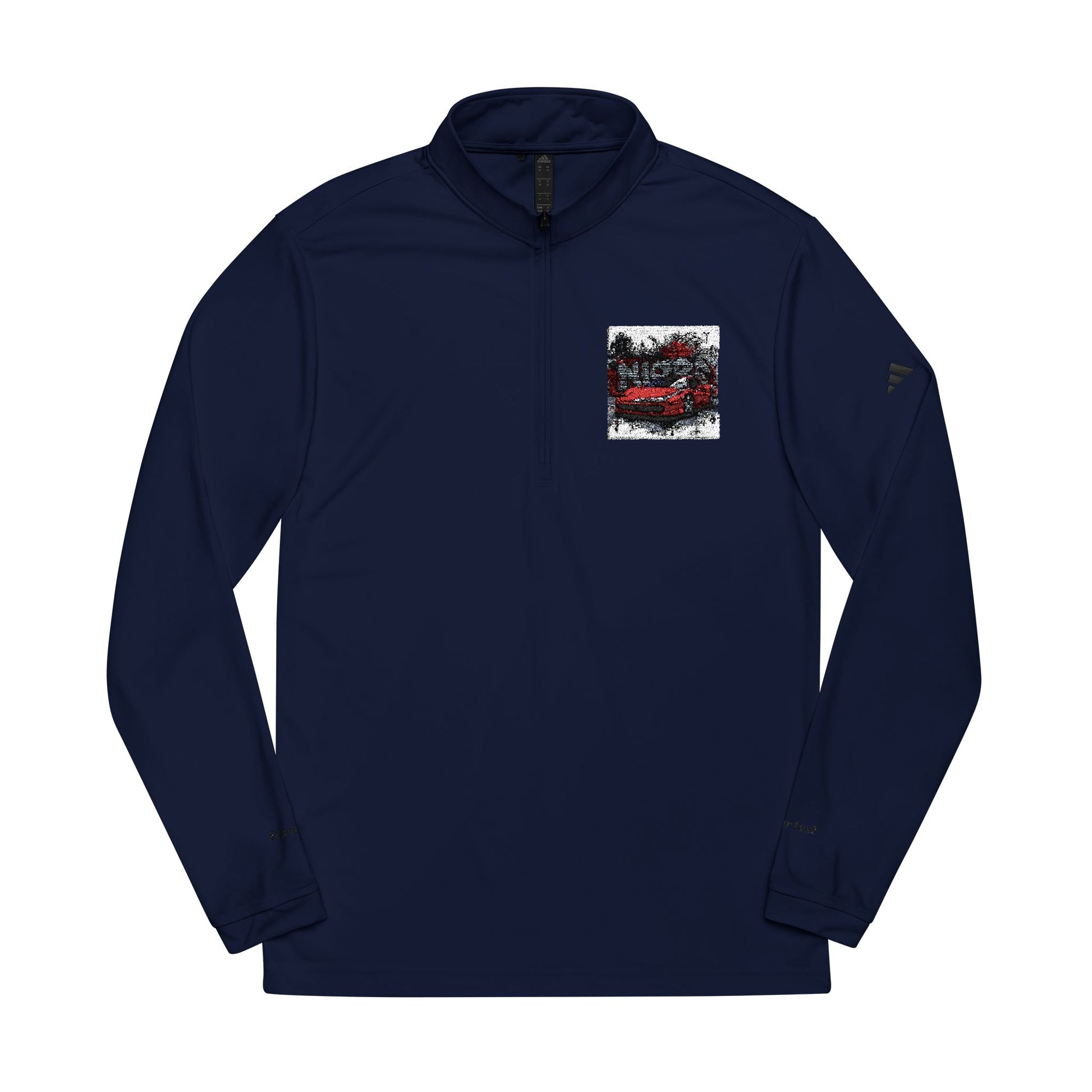 Navy long-sleeve shirt with a small graphic on the chest against a white background