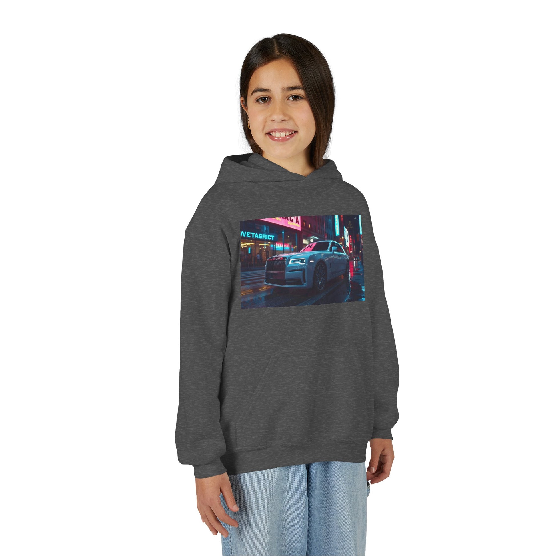 Person wearing a hoodie with a graphic design on a white background