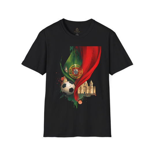 Black t-shirt with a colorful design featuring a soccer ball, flag, and building on a white background