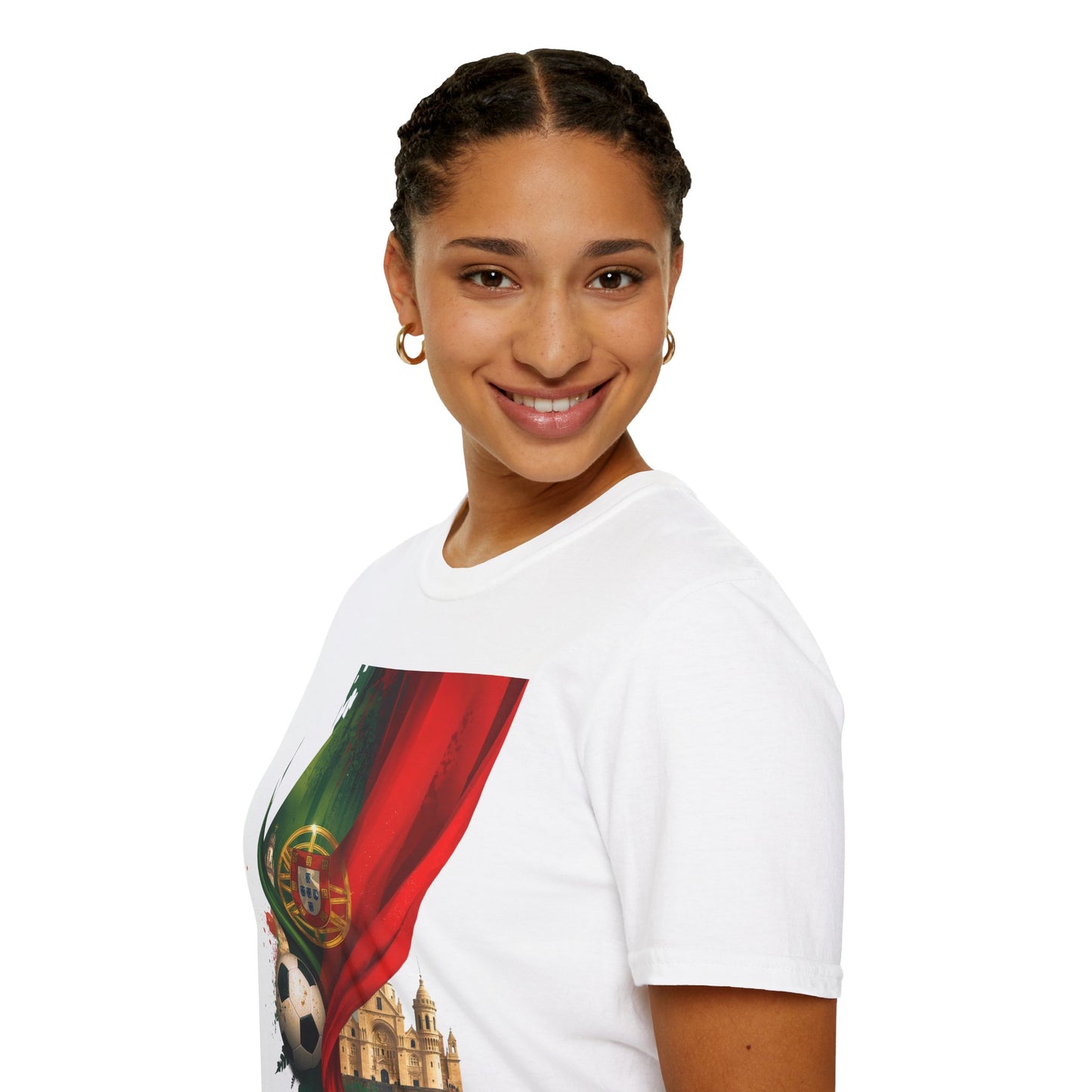 Portugal Flag Soccer T-Shirt — Portuguese Football Fan Tee with Lisbon Landmark