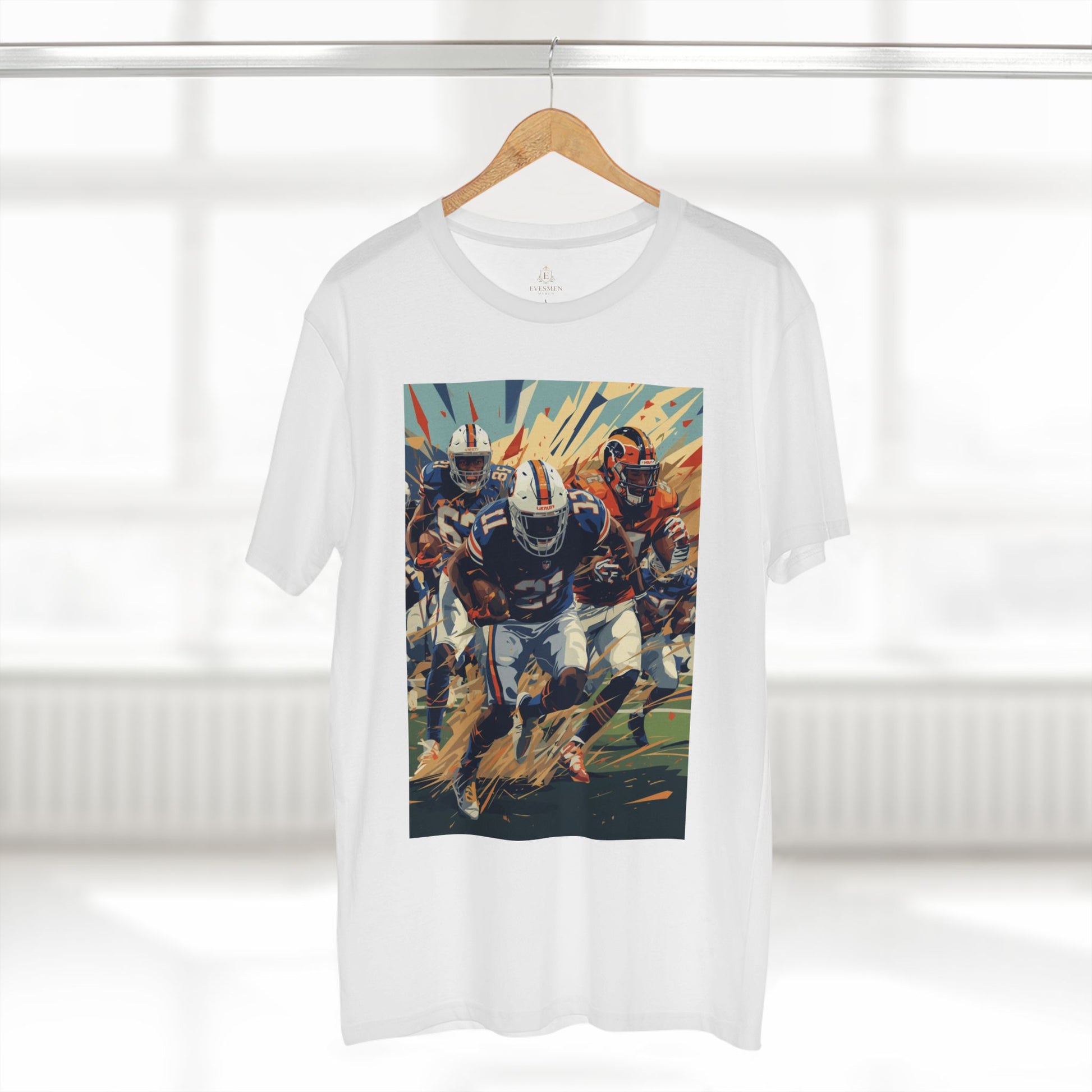 White t-shirt with a graphic of football players on a hanger against a white background
