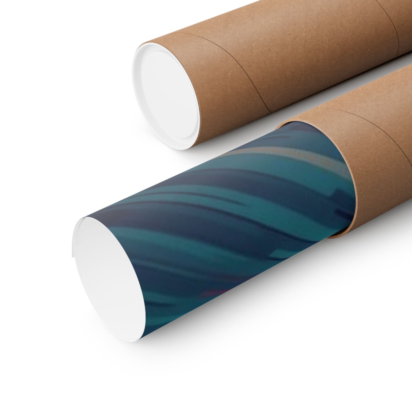 Roll of teal patterned paper in a cardboard tube on a white background
