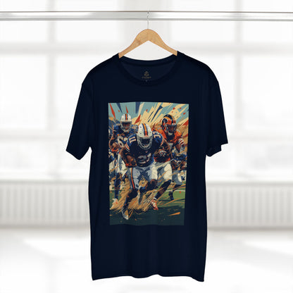Black t-shirt with a colorful graphic of football players on a hanger against a white background