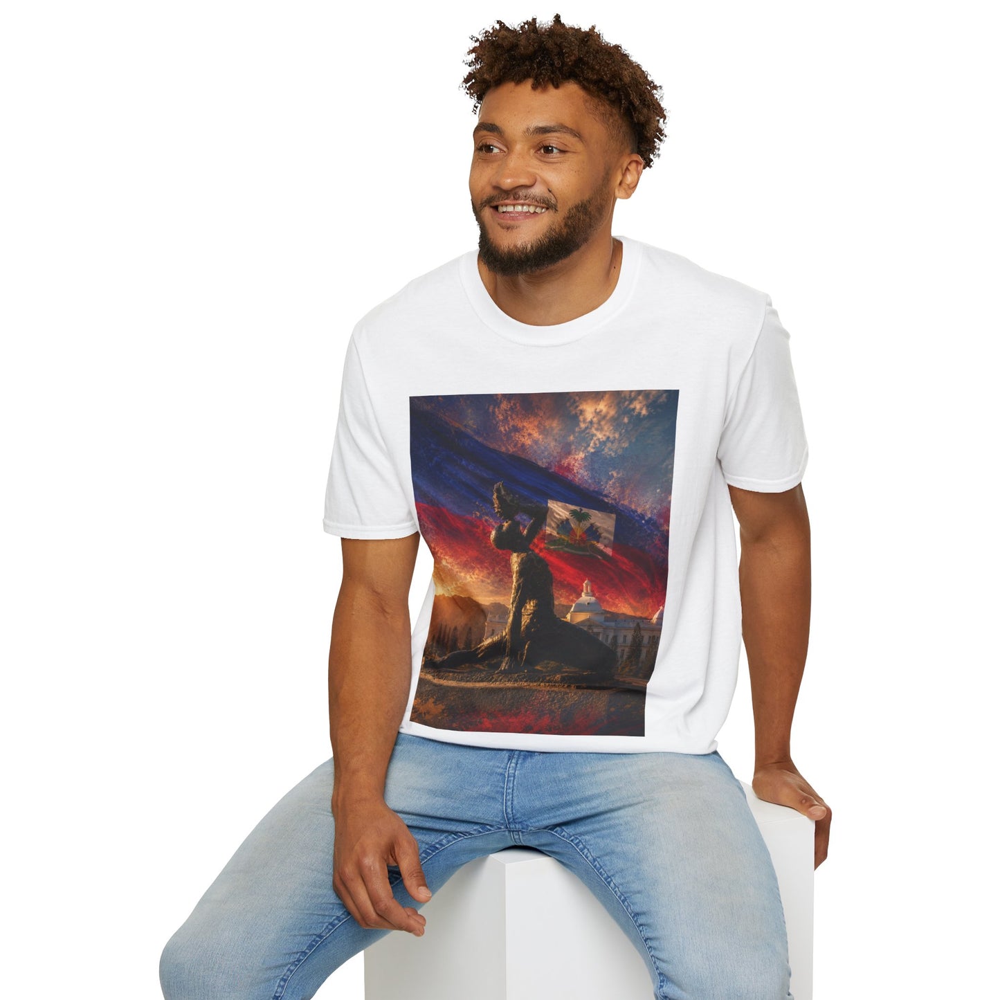 Haitian "Marron Inconnu" Sculpture T-Shirt — Spirit of Freedom & Flag Fan Tee