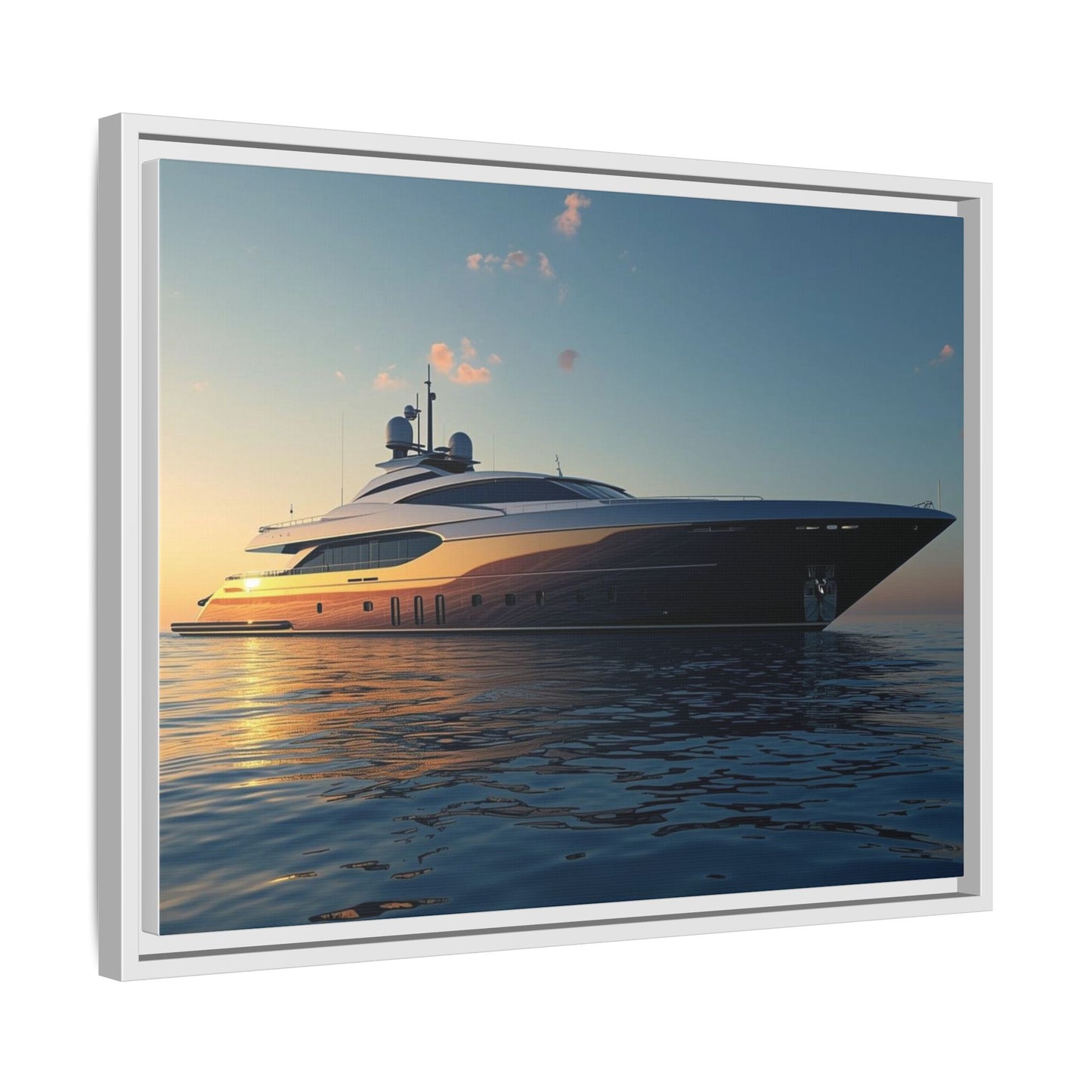 Framed Luxury yacht on the water with a sunset or sunrise sky