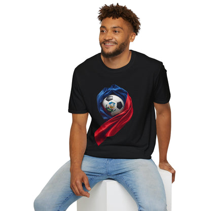 Haitian Soccer Ball T-shirt Enveloped in Flag Fabric with Coat of Arms Tee