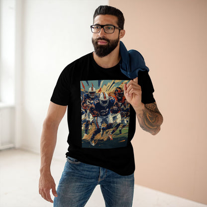 Man wearing a black t-shirt with a graphic design of a football player, standing indoors.