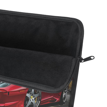 Black soft fleece and foam padding laptop sleeve with a red car design on a white background